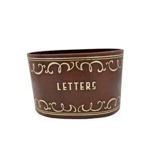 Vintage Mid Century Brown Leatherette‎ Letters Holder Oval Desk Office Accessory